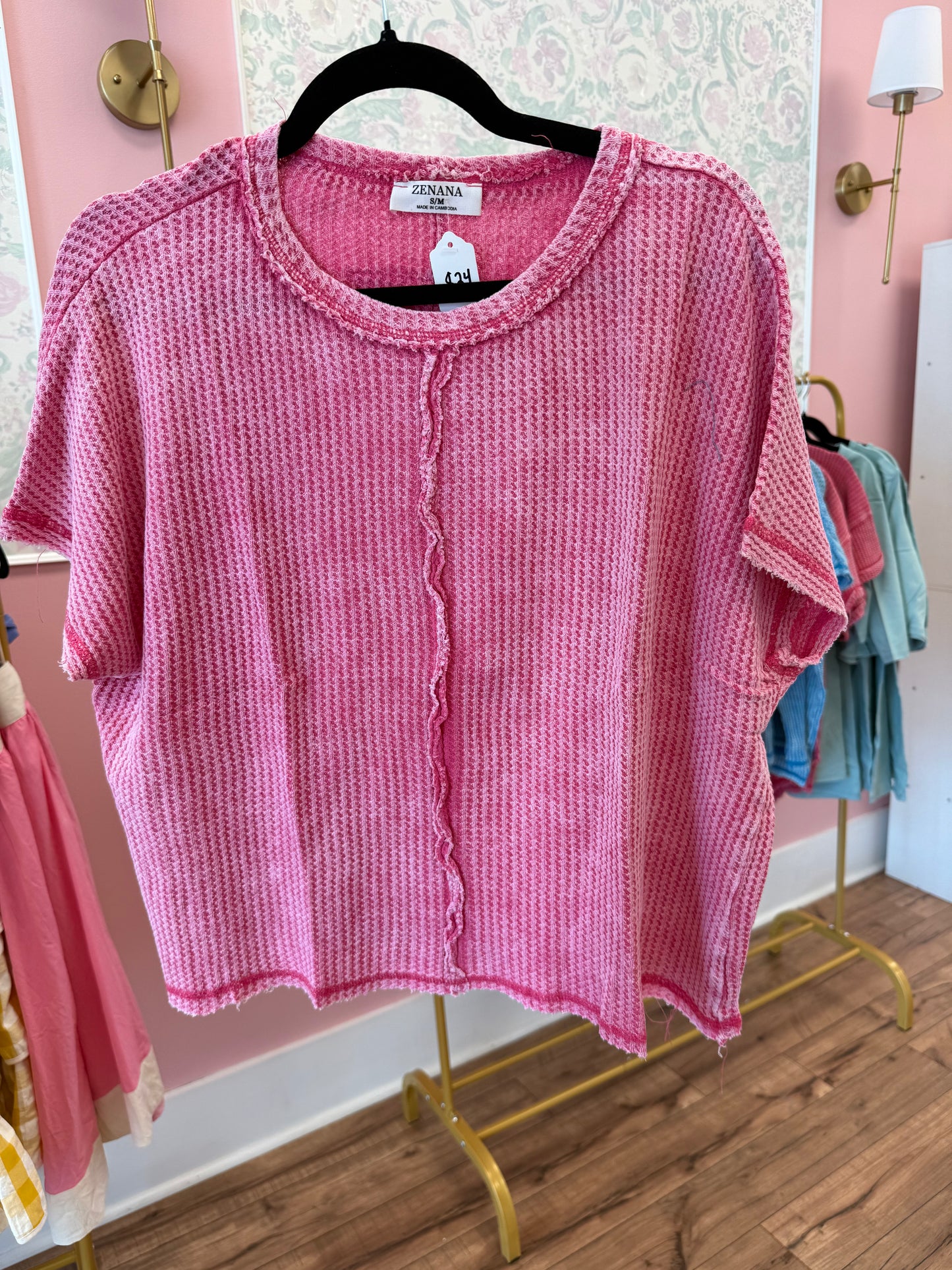 Zenana Washed Waffle Short Sleeve Top