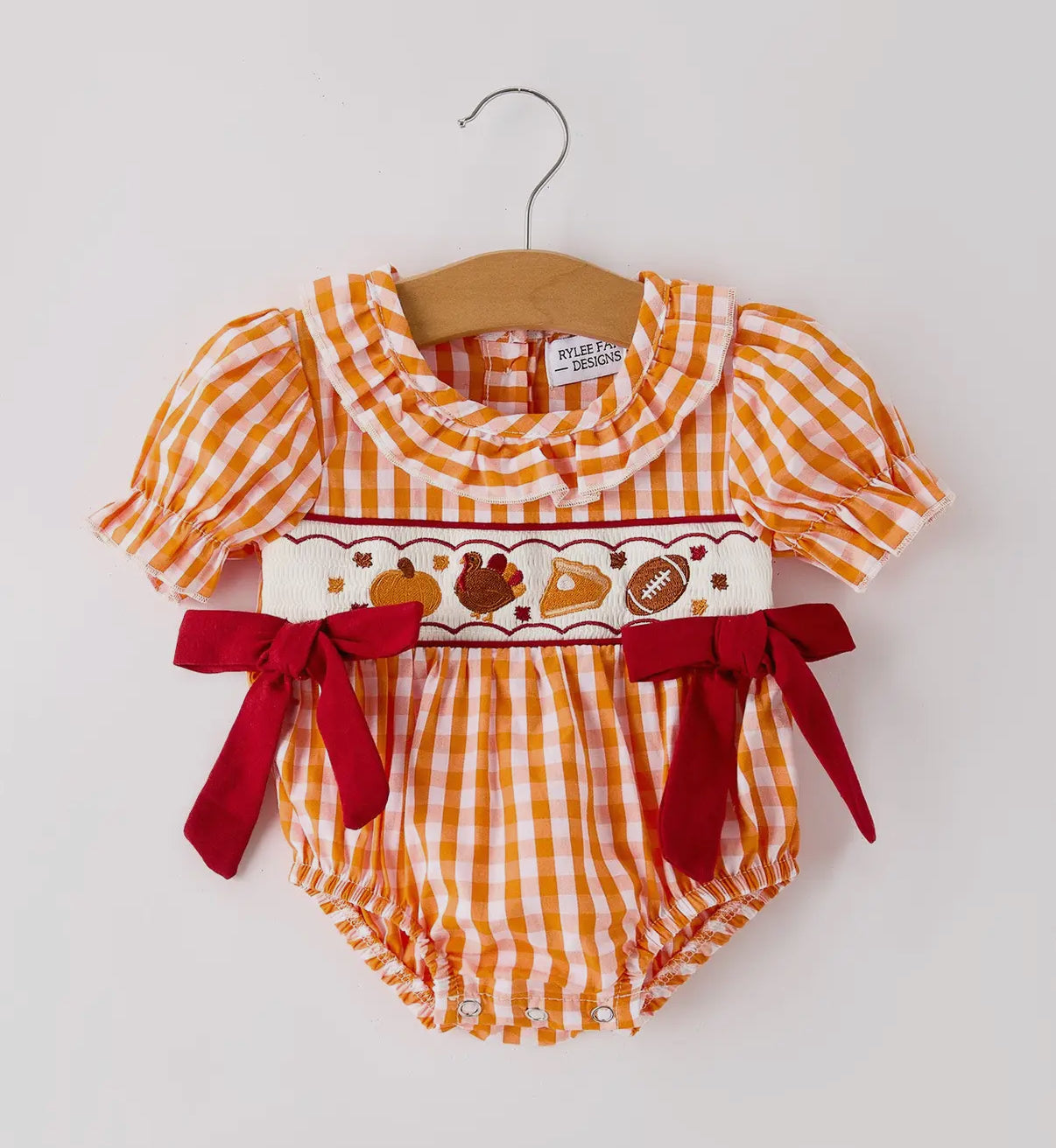 Orange Checkered Fall Embroidered Romper