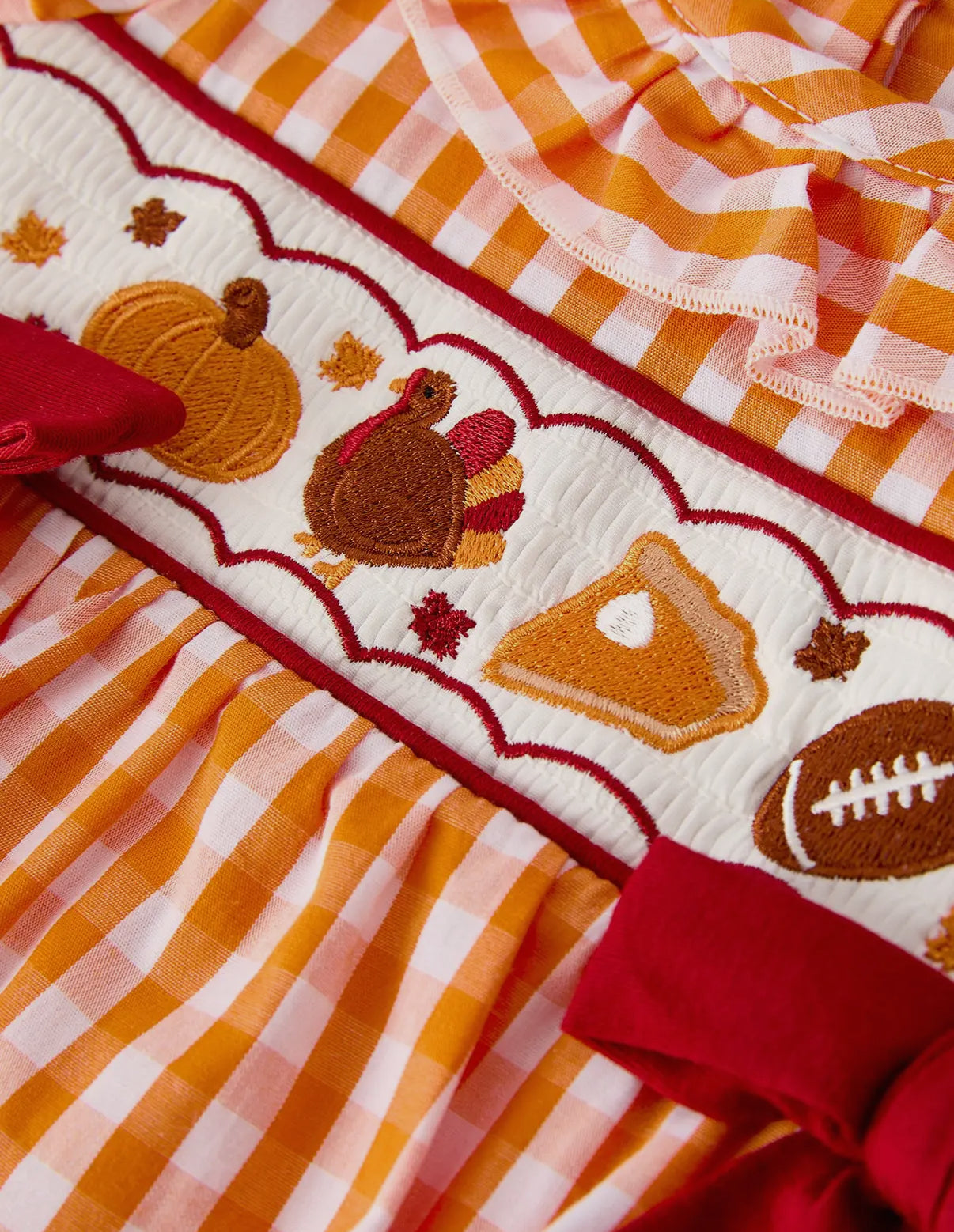 Orange Checkered Fall Embroidered Romper