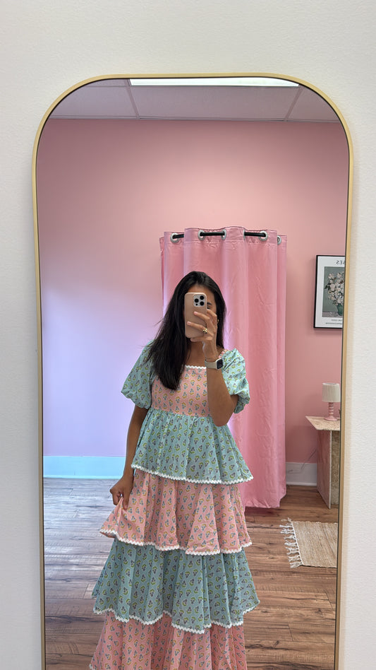 Balloon Tiered Maxi Dress in Jade/ Pink
