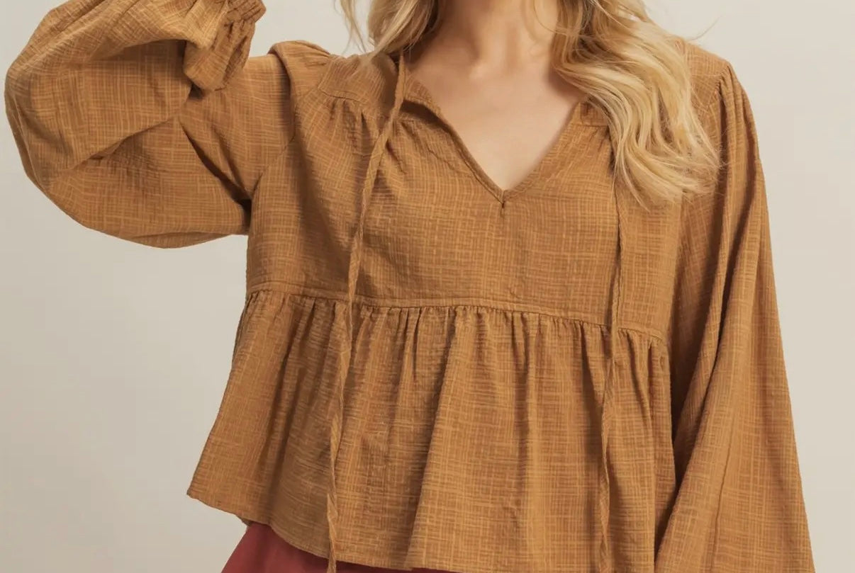Caramel Textured Peasant Blouse