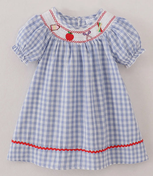 Blue Gingham Pencil Smocked Dress