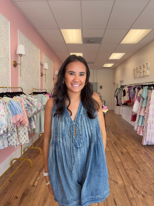 Pleated Denim Romper