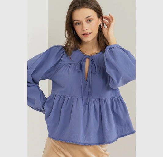 Blue Tie-Front Tiered Top