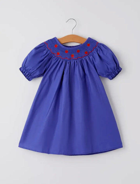 Blue Apple Embroidered Girls Dress