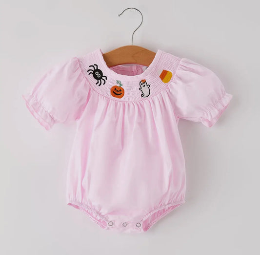 Halloween Pink Smock Embroidery Romper