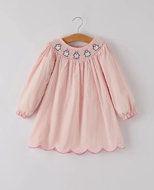 Halloween Light Pink Ghost Smocked Dress
