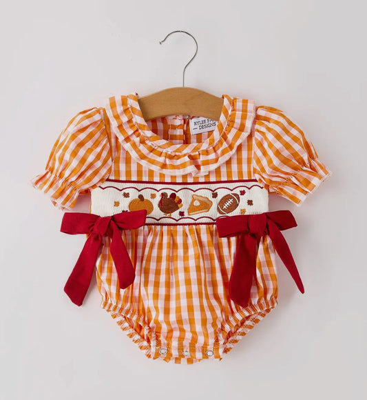 Orange Checkered Fall Embroidered Romper