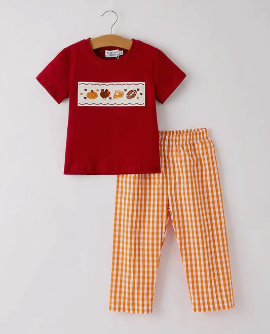 Fall Orange Checkered Boy Set