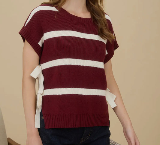 Stripe Side Tie Short Sleeve Sweater