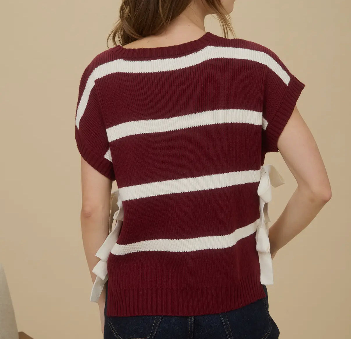 Stripe Side Tie Short Sleeve Sweater