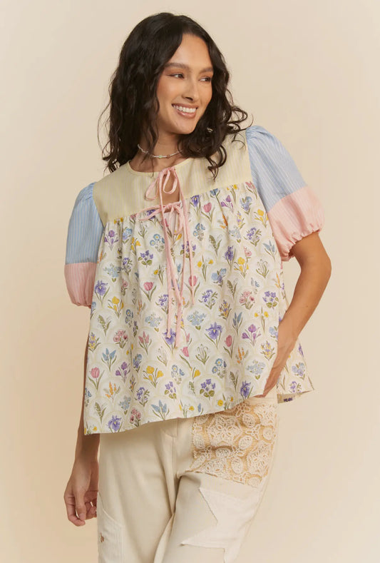 Floral and Striped Tie Front Peasant Top