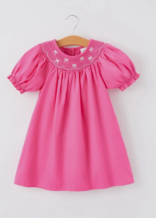 Girls Bow Smocked Embroidery Dress