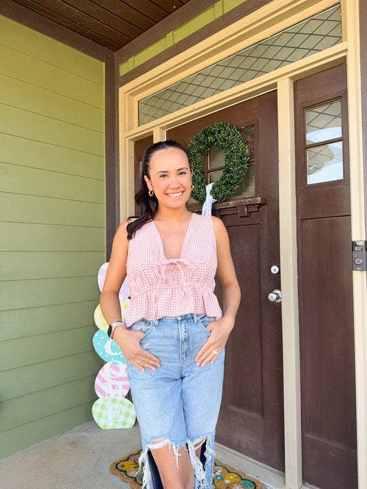 V-neck Gingham Top
