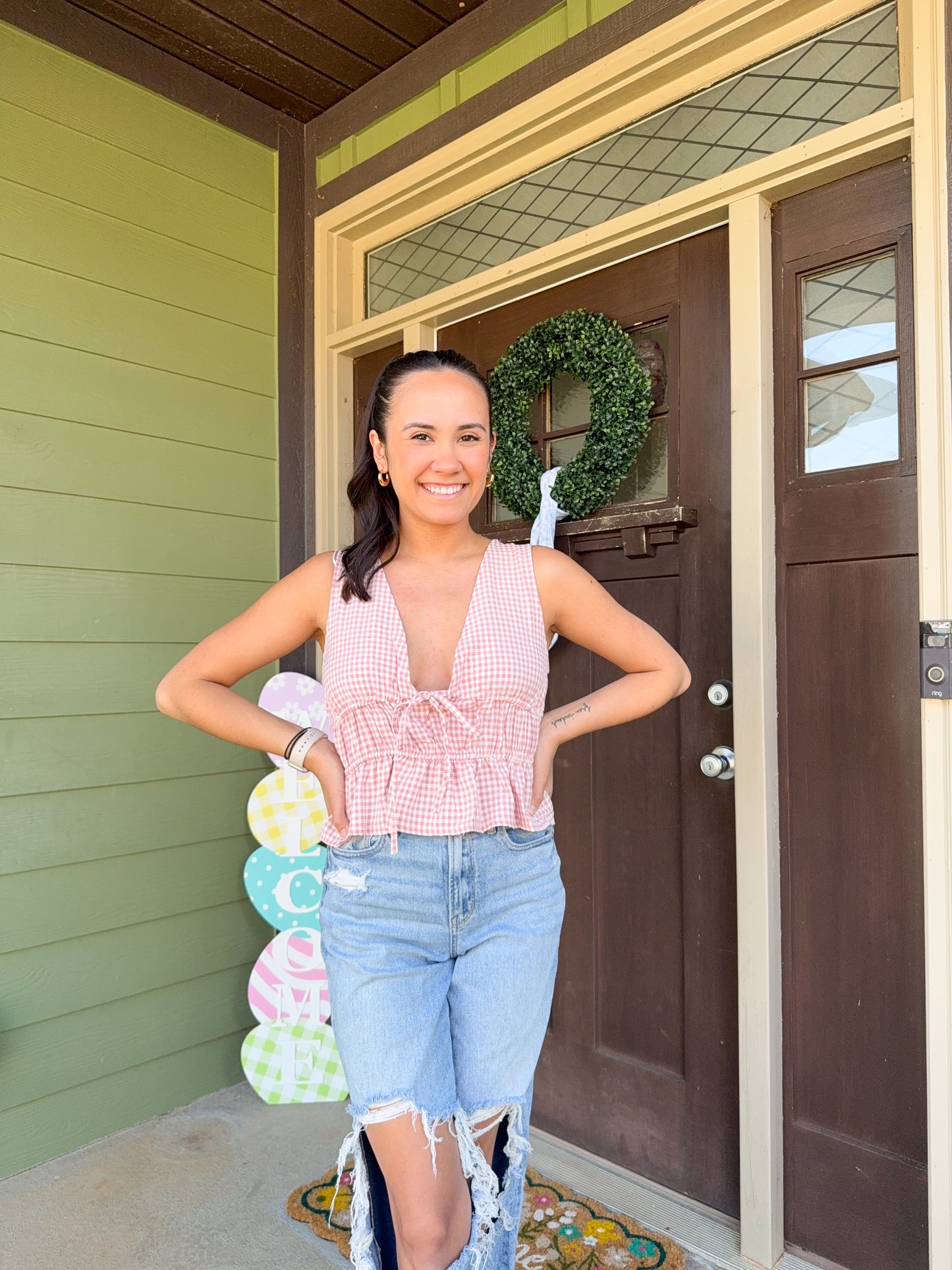 V-neck Gingham Top